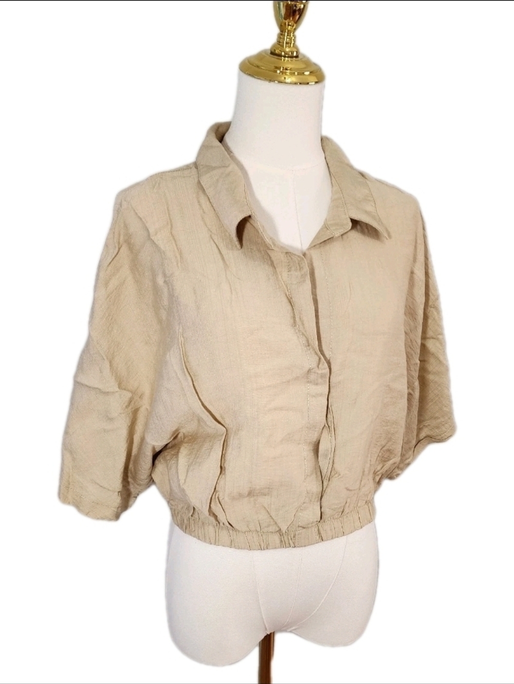 NWOT Fashion Nova Cropped Blouse Rayon Blend Beige Top Bat Sleeves Size XL